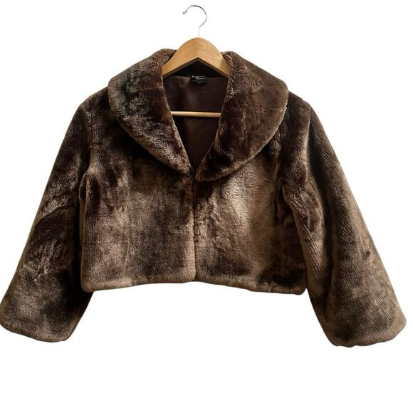 Cejon Accessories Brown Soft Faux Fur 3/4 Length Sleeves Crop Jacket Medium - Picture 2 of 12